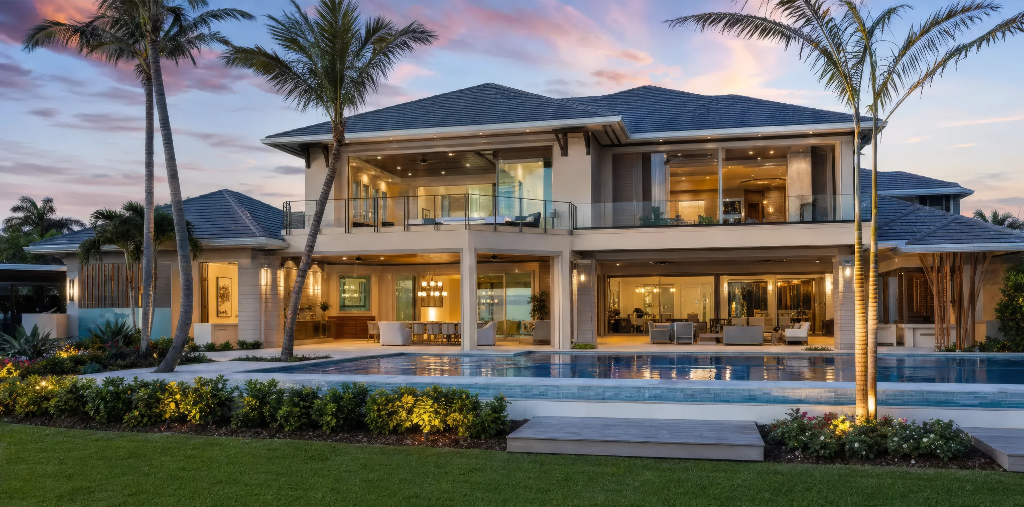 Waterfront estate with infinity pool at sunset, Naples, FL