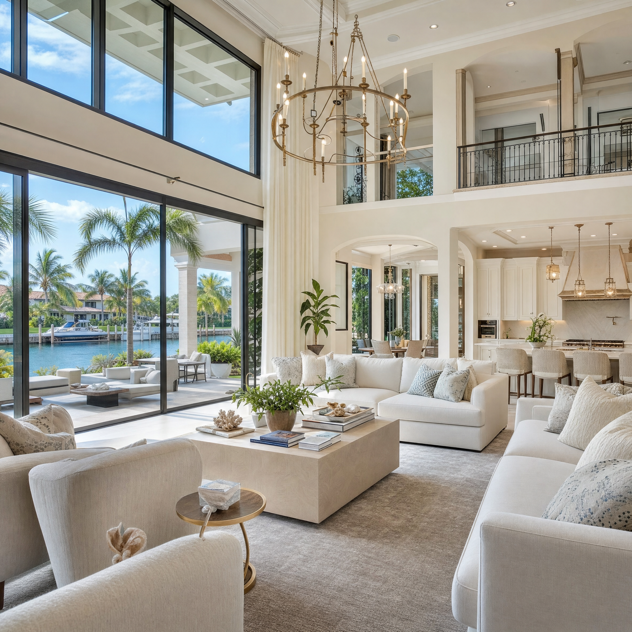 Sun-filled great room open to the kitchen, with a private dock and yacht visible through floor-to-ceiling glass