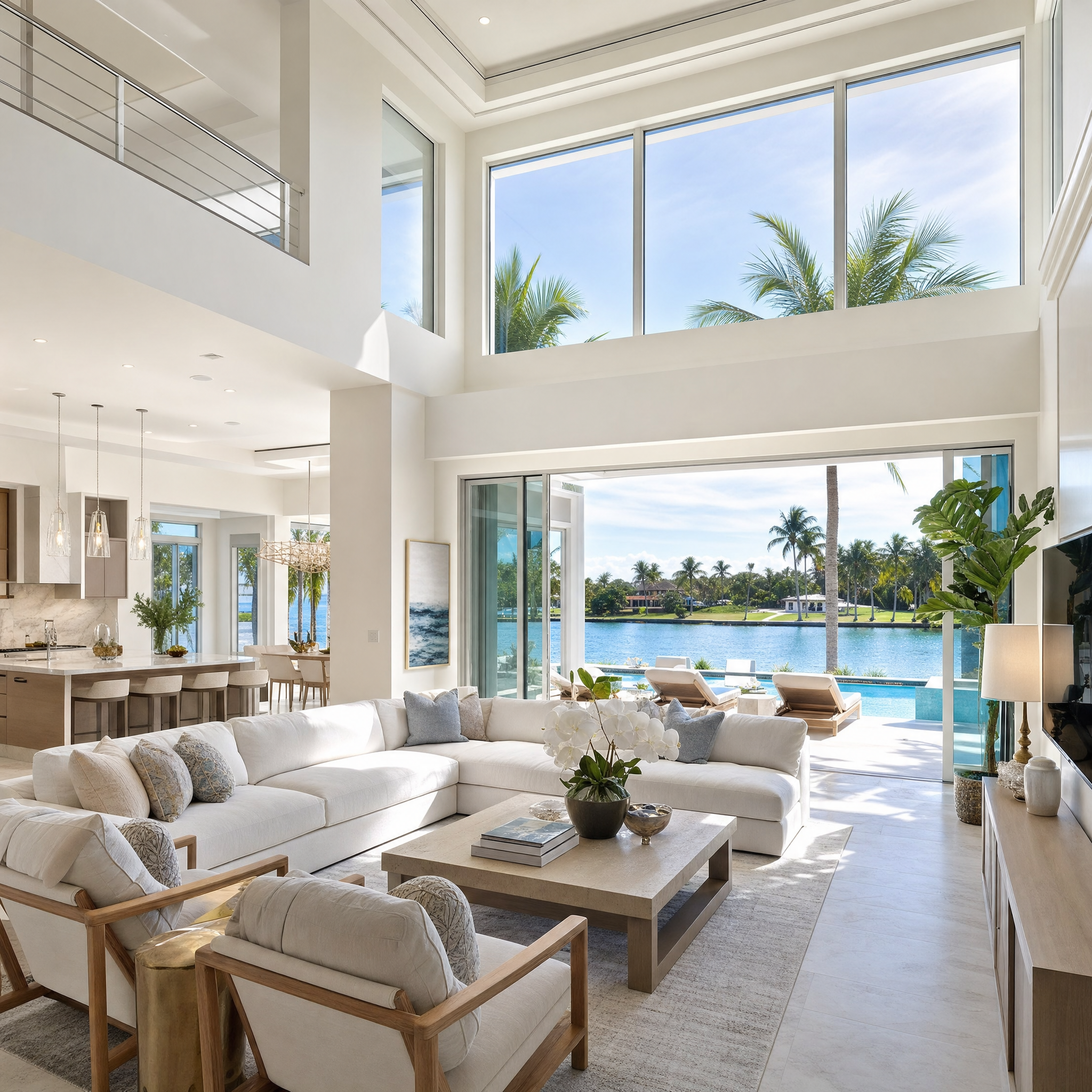 Living room opening onto a pool terrace with palm trees and water views through disappearing glass walls