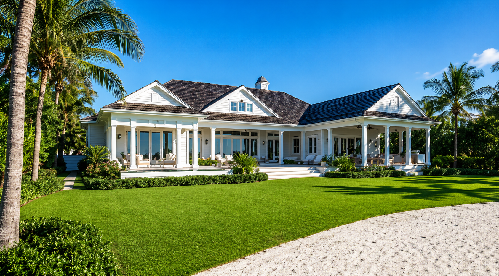Classic Naples waterfront estate with wraparound porch and manicured lawn leading toward the water